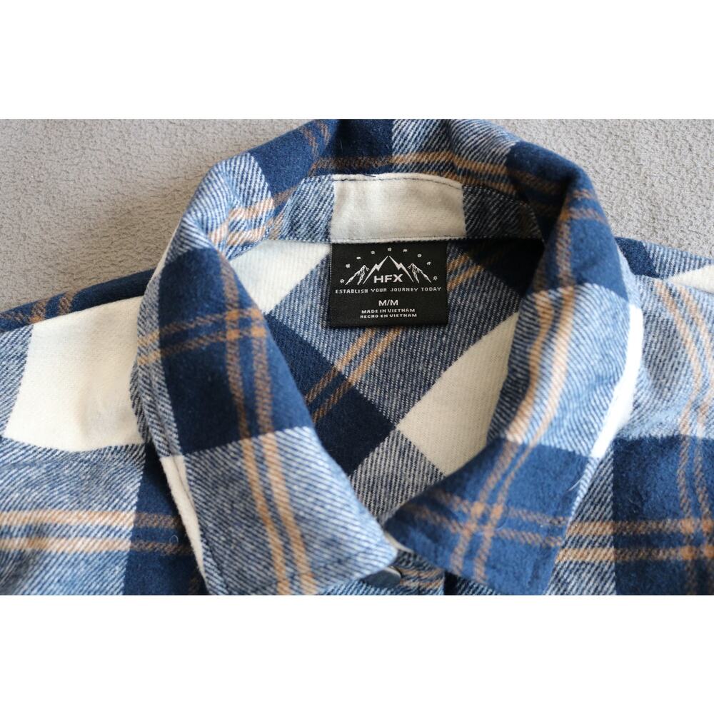 HFX Flannel Shirt Womens Medium Blue Brown White Plaid Flap Pockets Snap Buttons - Picture 11 of 16